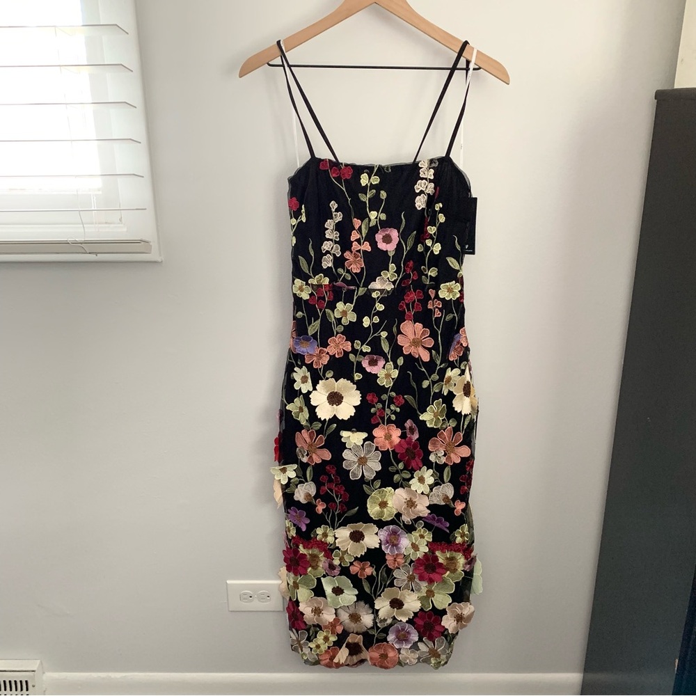 Lulus Large NEW 3D Floral Embroidered Lace Up Midi Cami Dress Black